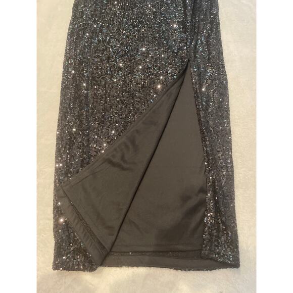 RACHEL ROY Women's Sequin Ruched Slit Skirt Medium Black Stretch Lined NWT - Picture 2 of 5